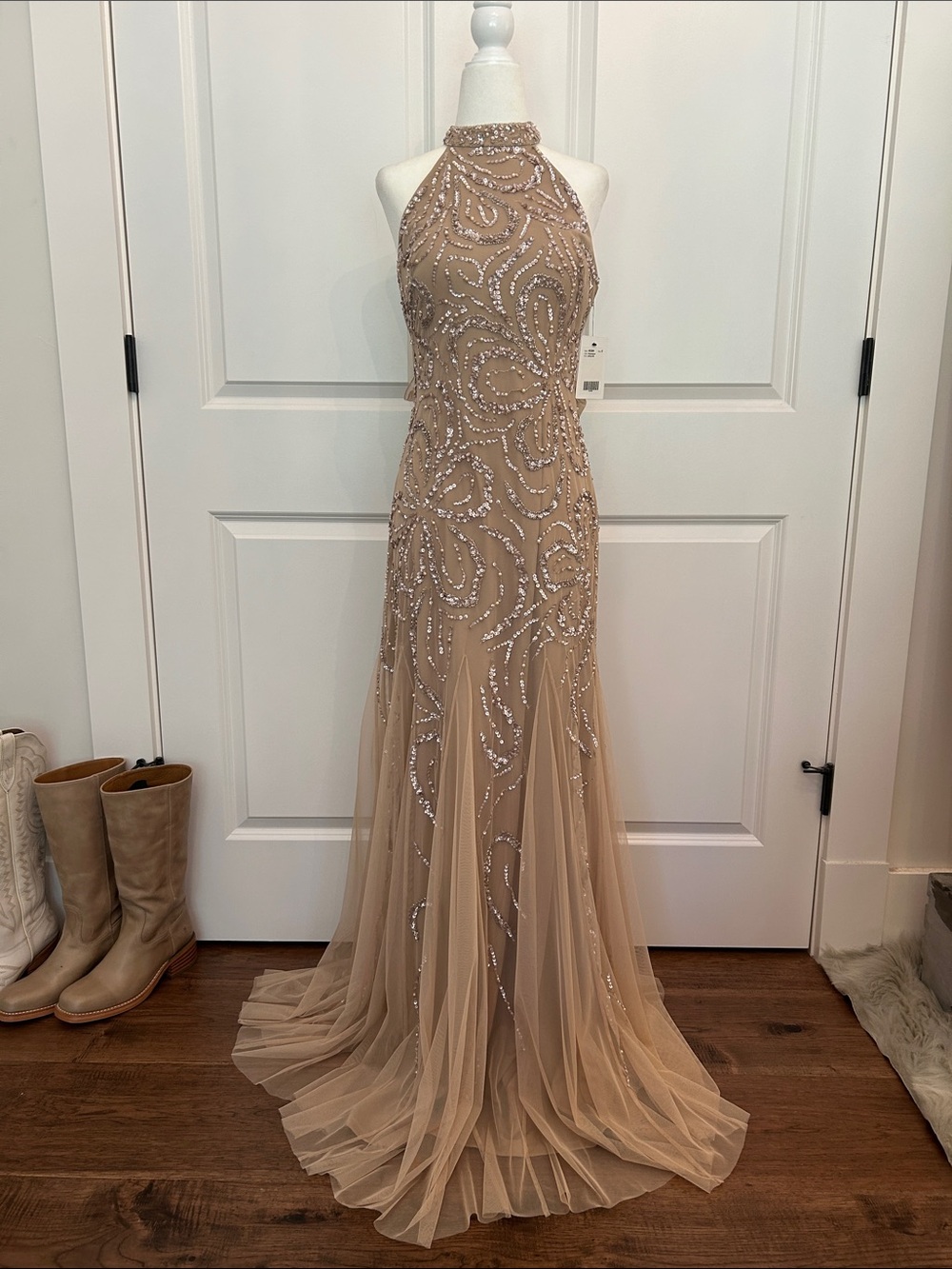 Adrianna Papell Beaded Nude Champagne Evening Gown